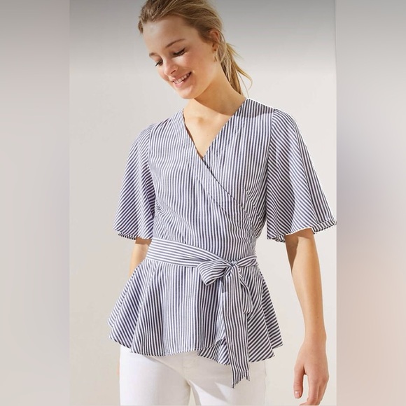 LOFT Tops - LOFT Navy and White Striped V-Neckline Short Sleeve Wrap Blouse